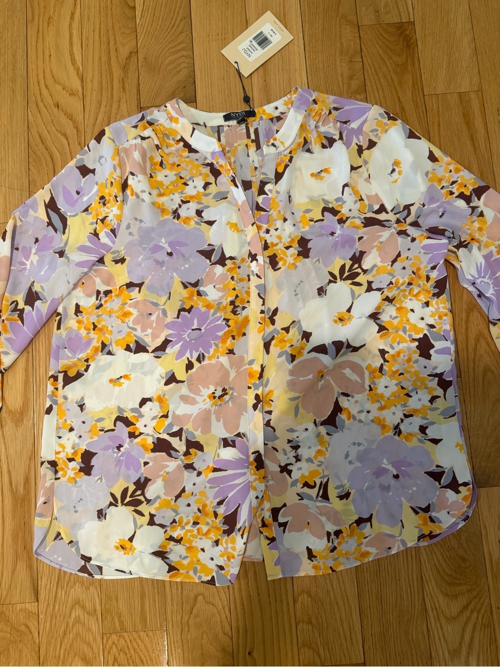 NWT NYDJ Lavender & Yellow Floral Split-Neck Blouse Small